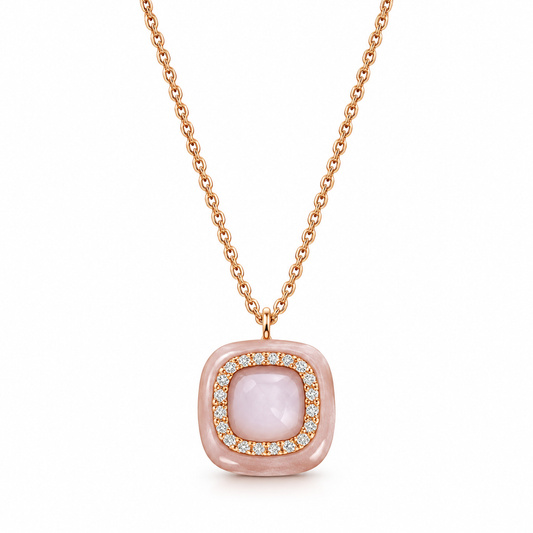 18ct Gold, Enamel, Rhodochrosite, Rock Crystal,  Mother-of-Pearl, & Diamond Set Pendant Necklace