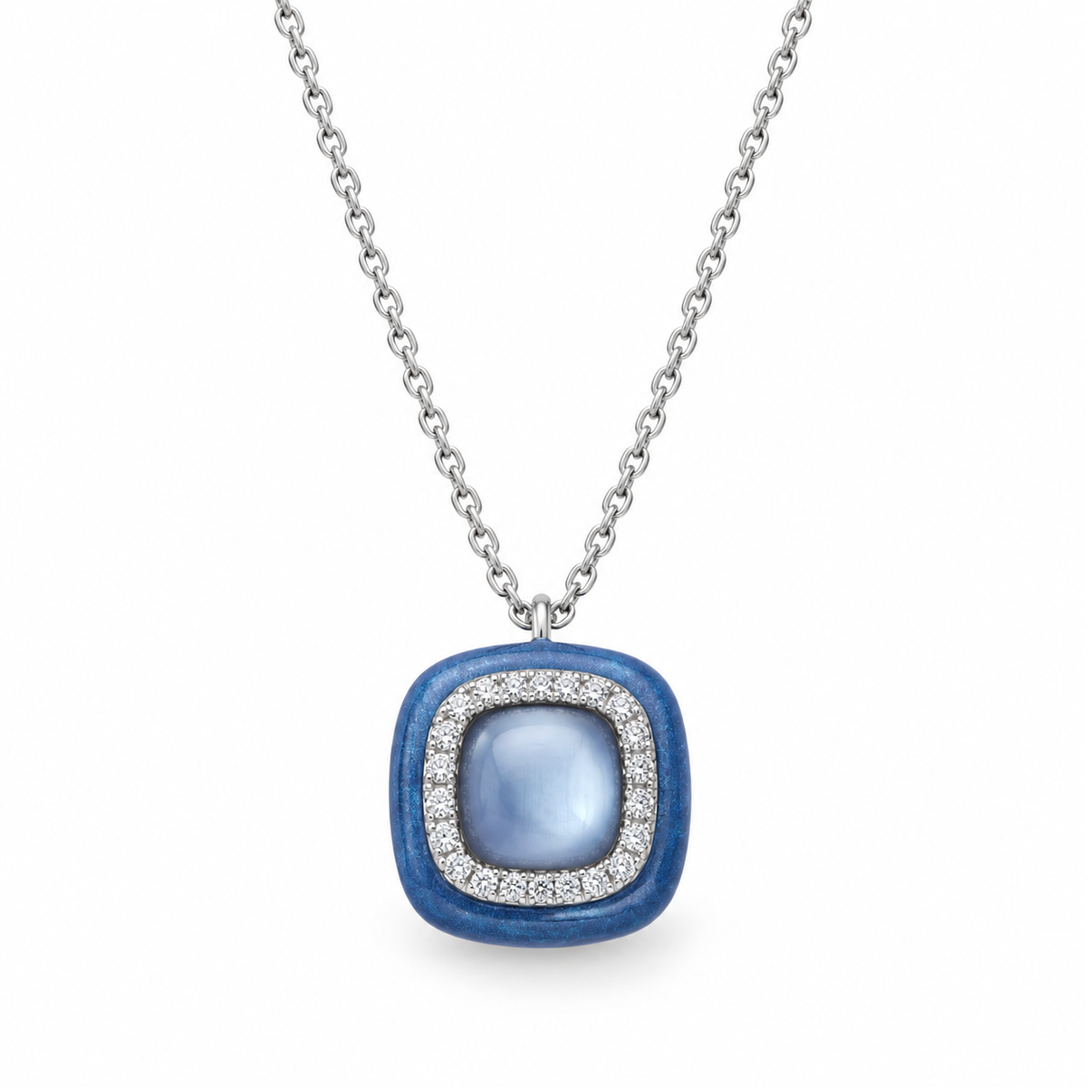 18ct White Gold Lapis Lazuli, Rock Crystal,  Mother-of-Pearl, & Diamond Set Pendant Necklace