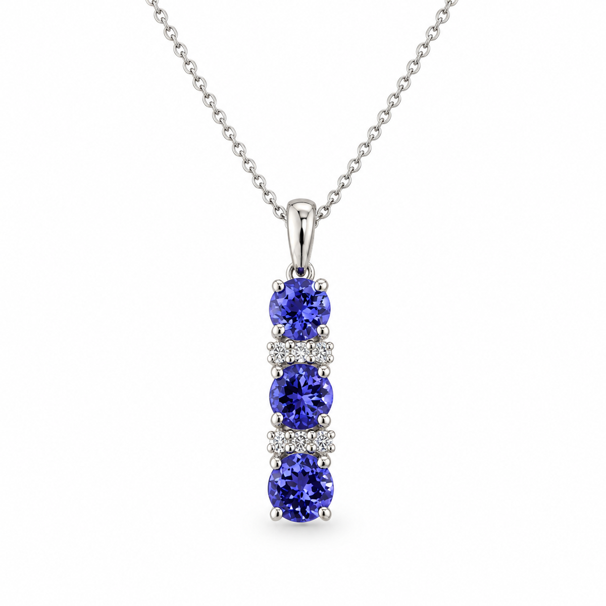 9ct White Gold Tanzanite & Diamond Set Trilogy Drop Pendant Necklace