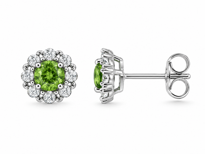 9ct White Gold Green Tourmaline & Diamond Set Cluster Stud Earrings