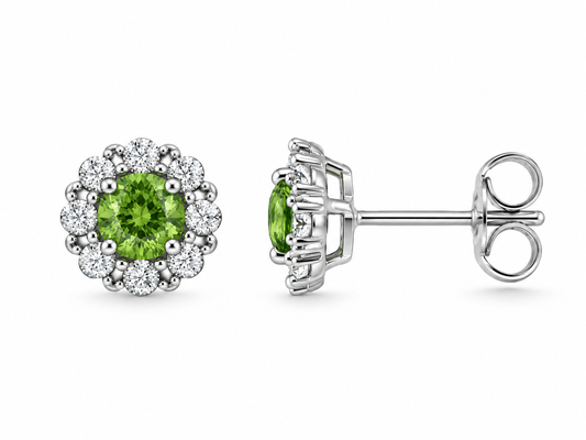 9ct White Gold Green Tourmaline & Diamond Set Cluster Stud Earrings