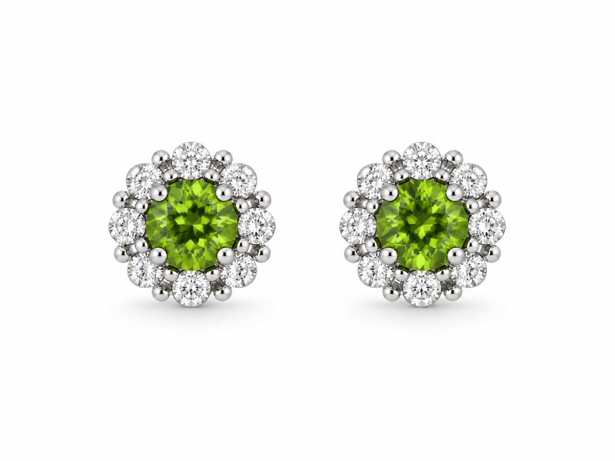 9ct White Gold Green Tourmaline & Diamond Set Cluster Stud Earrings