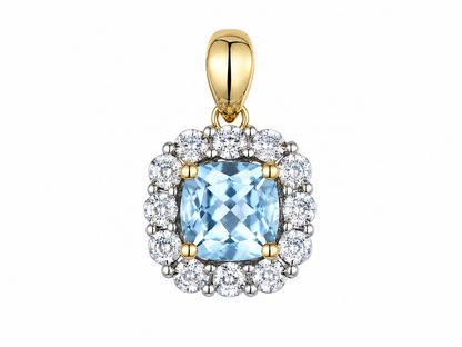 9ct Yellow & White Gold Blue Topaz & Diamond Set Cluster Pendant Necklace