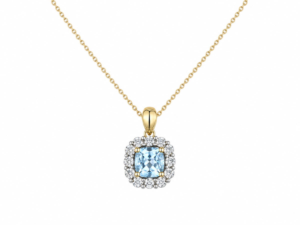 9ct Yellow & White Gold Blue Topaz & Diamond Set Cluster Pendant Necklace