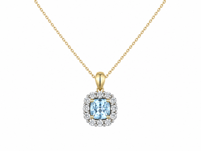 9ct Yellow & White Gold Blue Topaz & Diamond Set Cluster Pendant Necklace