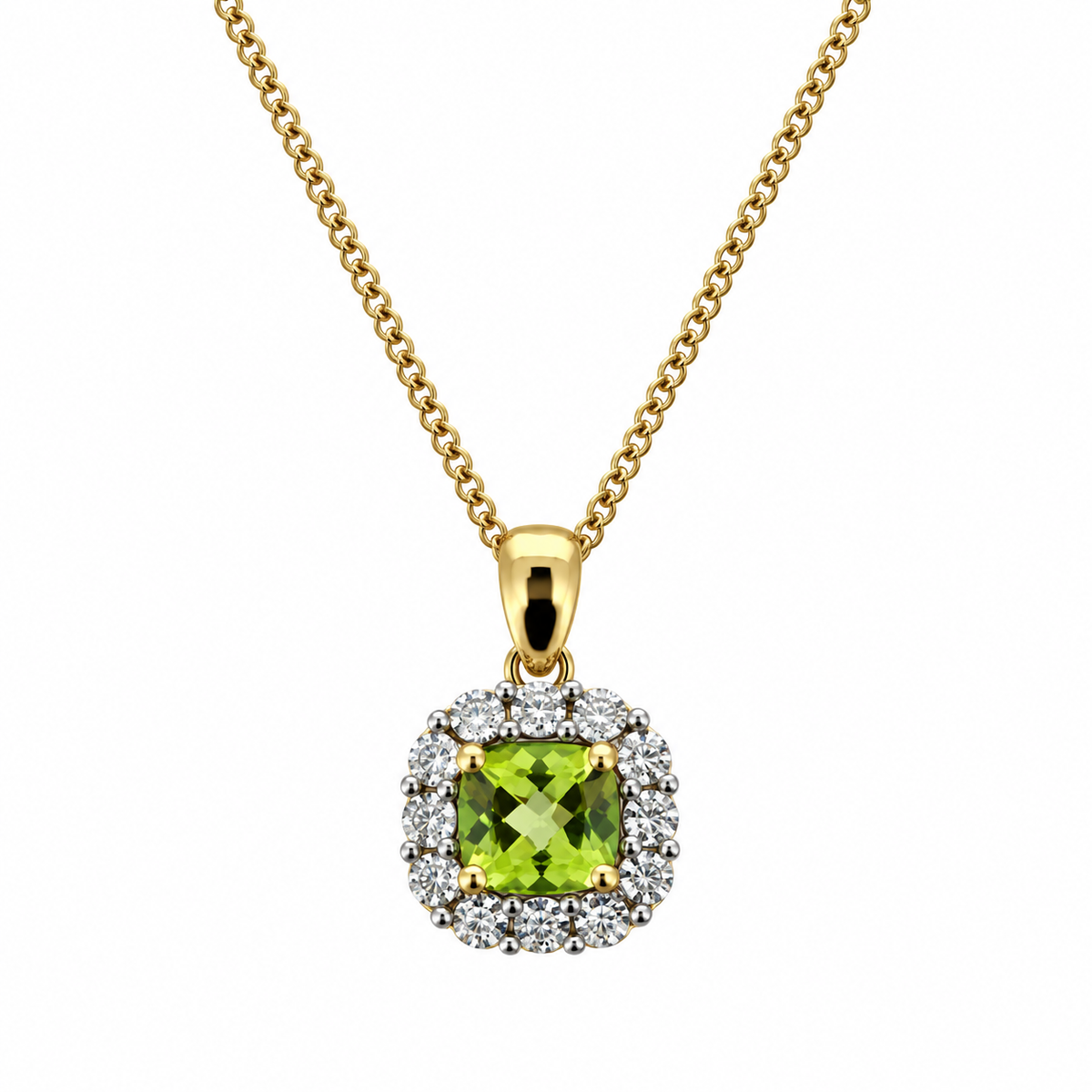 9ct Yellow & White Gold Peridot & Diamond Set Cluster Pendant Necklace