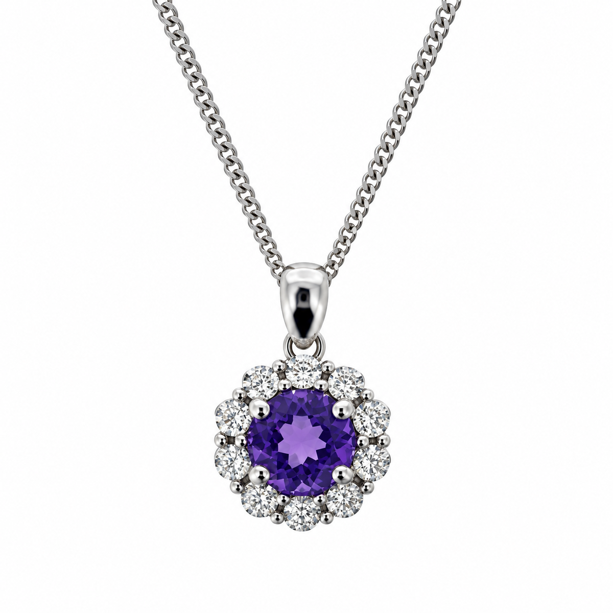 9ct White Gold Amethyst & Diamond Set Cluster Pendant Necklace