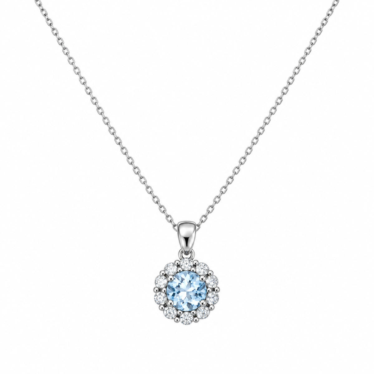 9ct White Gold Blue Topaz & Diamond Set Cluster Pendant Necklace