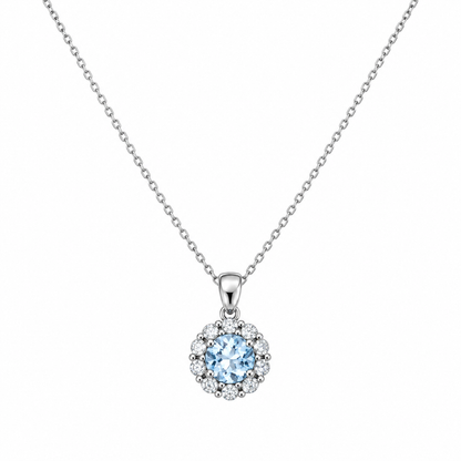 9ct White Gold Blue Topaz & Diamond Set Cluster Pendant Necklace
