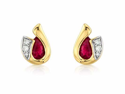 9ct Gold Pear-Shaped Ruby & Diamond Set Curl Stud Earrings