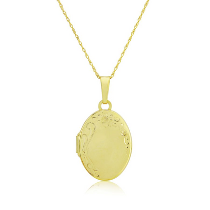 9ct Gold Hand Engraved Oval Locket Pendant Necklace