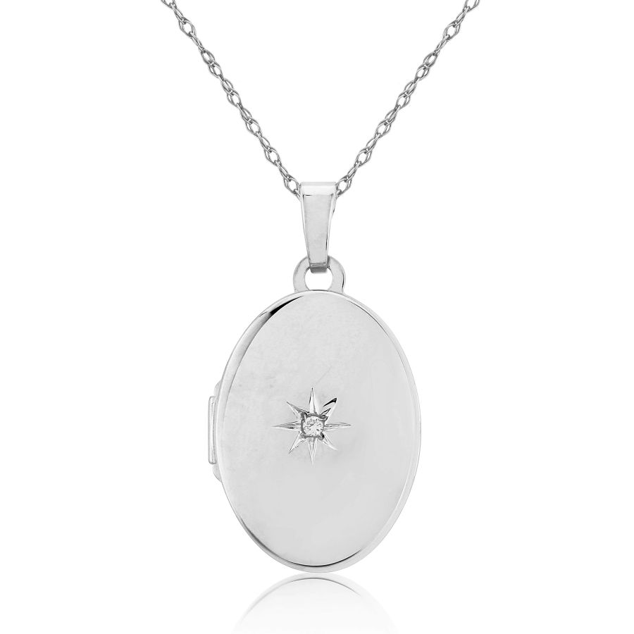 Sterling Silver Oval Diamond Set Locket Pendant Necklace