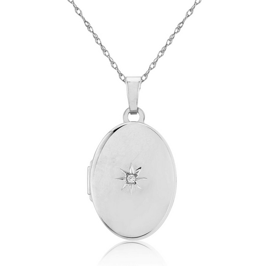 Sterling Silver Oval Diamond Set Locket Pendant Necklace