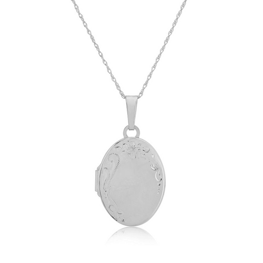 Sterling Silver Oval Engraved Locket Pendant Necklace