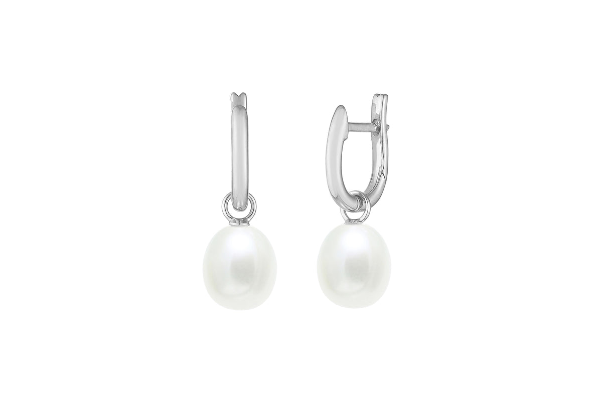 Sterling Silver Teardrop Cultured Freshwater Pearl Hoop Drop Earrings