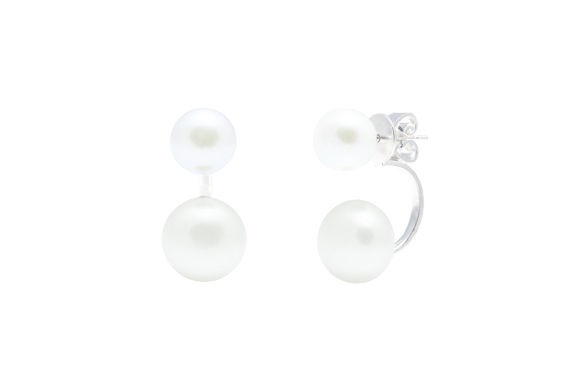 Sterling Silver 7mm & 9mm Cultured Freshwater Pearl & Curved Bar Drop Earrings