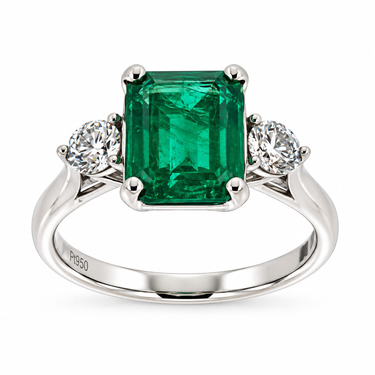 Platinum Emerald & Diamond Set Three Stone Trilogy Ring
