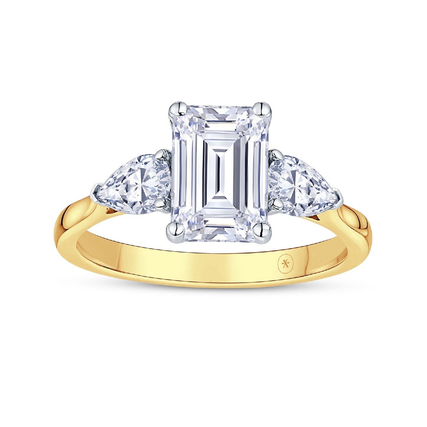 18ct Gold & Platinum Claw Set 2.15ct Three Stone Lab Grown Emerald & Pear Cut Diamond Trilogy Ring