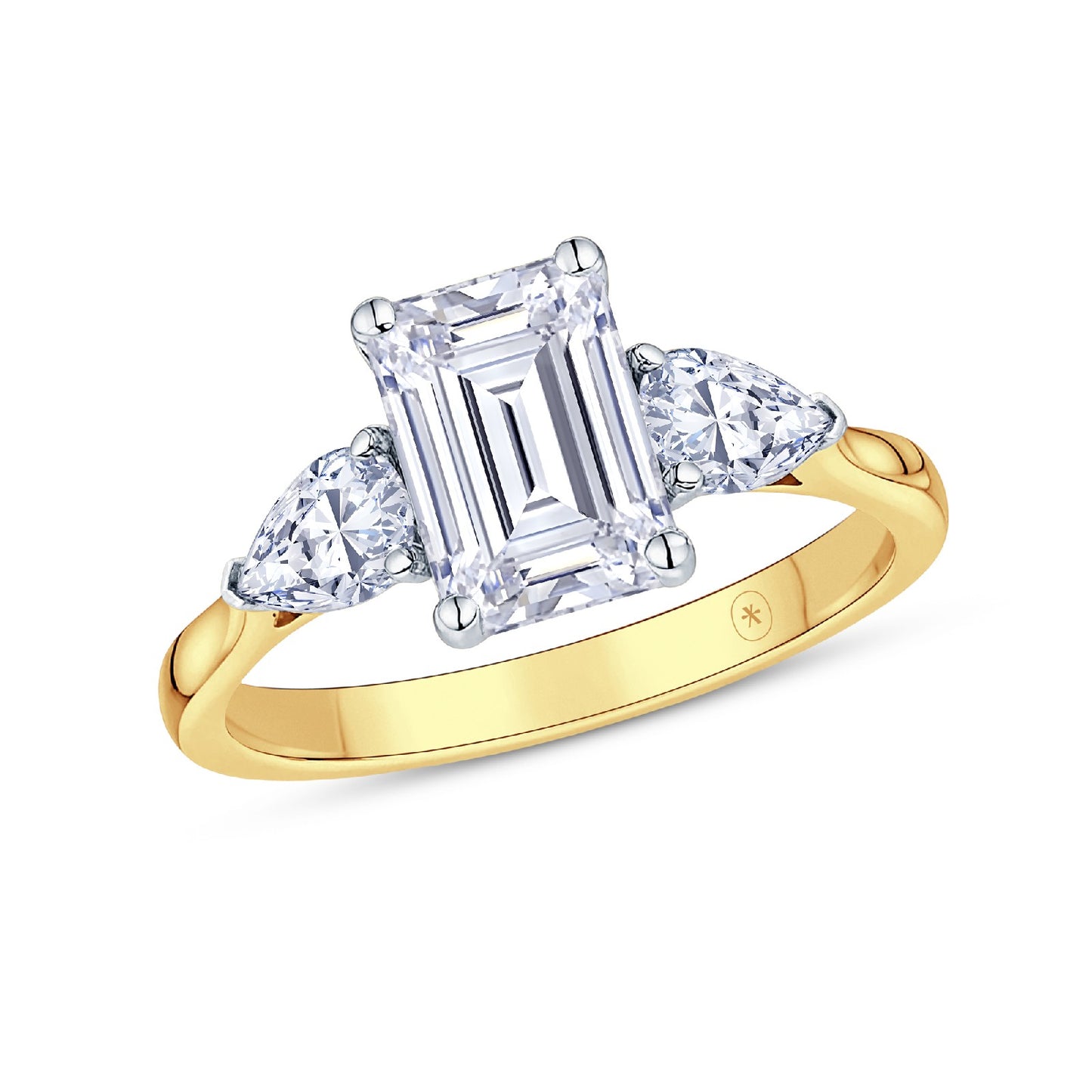 18ct Gold & Platinum Claw Set 2.15ct Three Stone Lab Grown Emerald & Pear Cut Diamond Trilogy Ring