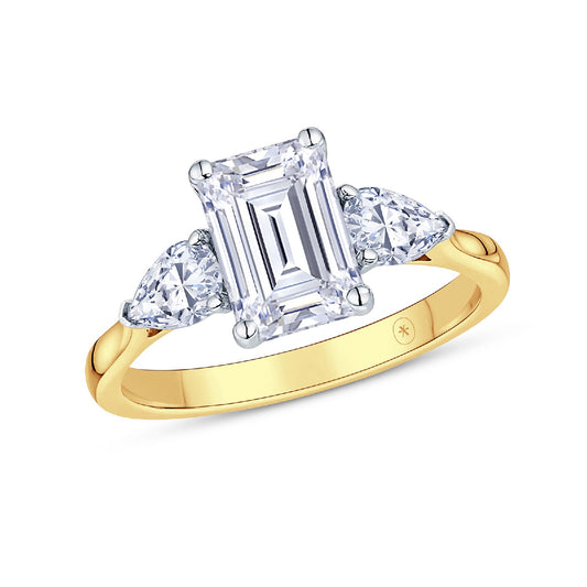18ct Gold & Platinum Claw Set 2.15ct Three Stone Lab Grown Emerald & Pear Cut Diamond Trilogy Ring