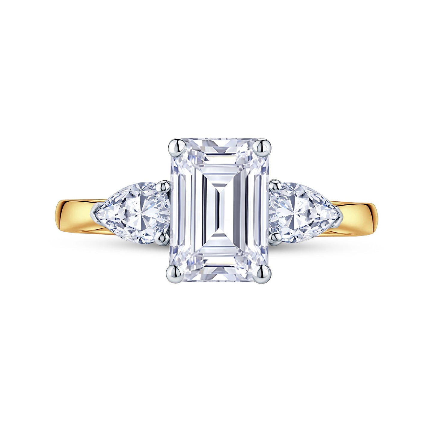 18ct Gold & Platinum Claw Set 2.15ct Three Stone Lab Grown Emerald & Pear Cut Diamond Trilogy Ring