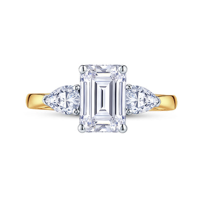 18ct Gold & Platinum Claw Set 2.15ct Three Stone Lab Grown Emerald & Pear Cut Diamond Trilogy Ring