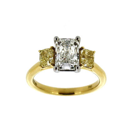 18ct Gold & Platinum Radiant Cut Yellow Diamond 2.32ct Three Stone Trilogy Ring