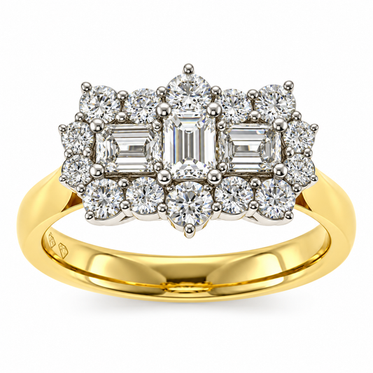 18ct Yellow & White Gold Baguette & Brilliant Cut Diamond Set Cluster Ring