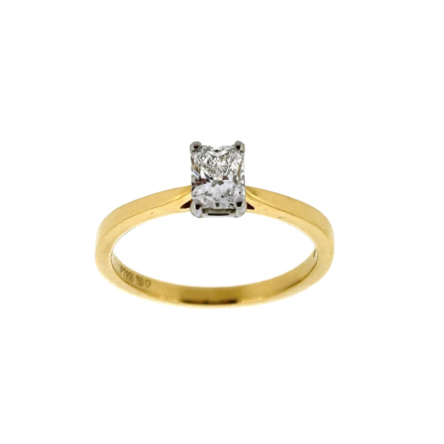 18ct Yellow Gold & Platinum Solitaire 4 Claw Set 0.50ct Single Stone Radiant Cut Diamond Ring