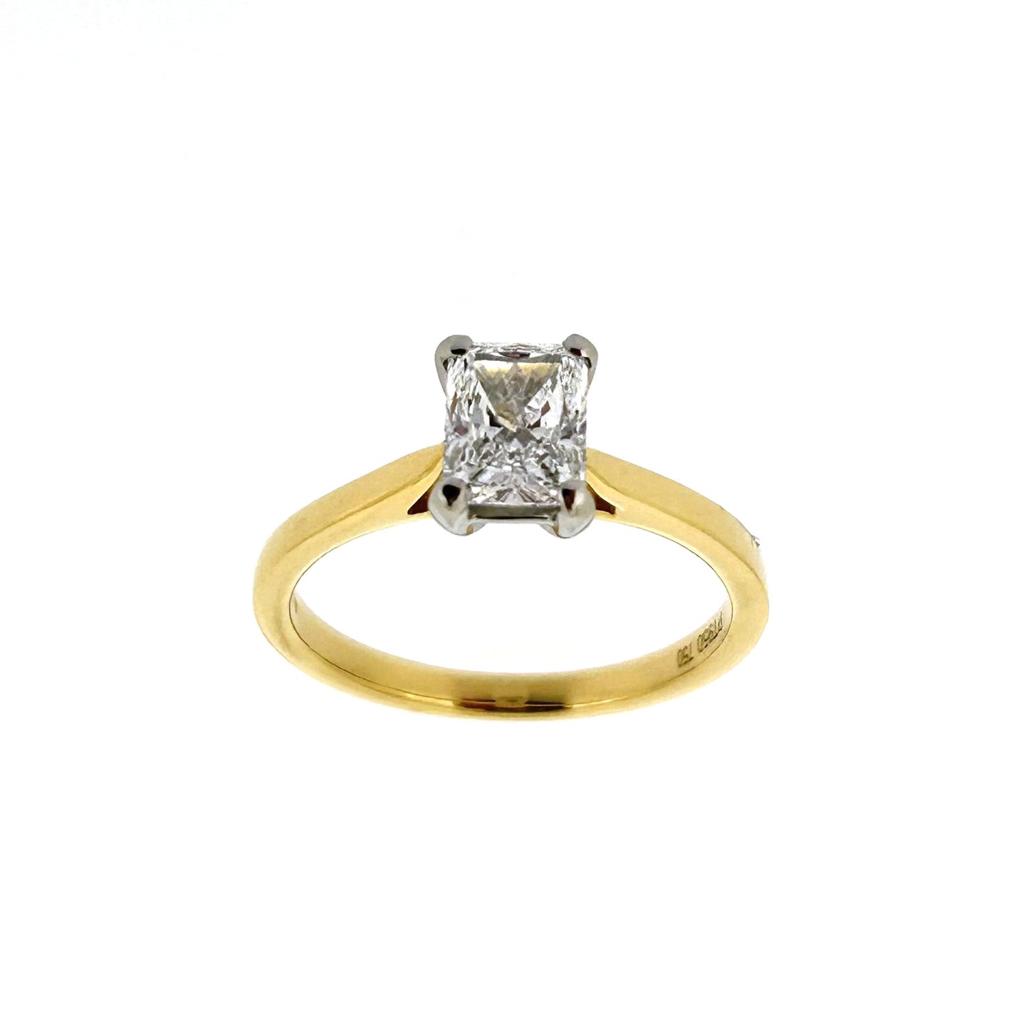 18ct Yellow Gold & Platinum Solitaire 4 Claw Set 1.00ct Single Stone Radiant Cut Diamond Ring