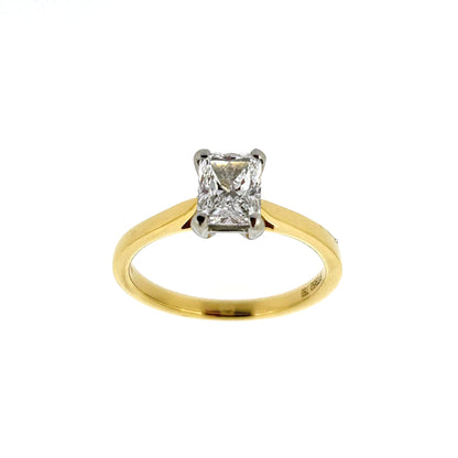 18ct Yellow Gold & Platinum Solitaire 4 Claw Set 1.00ct Single Stone Radiant Cut Diamond Ring