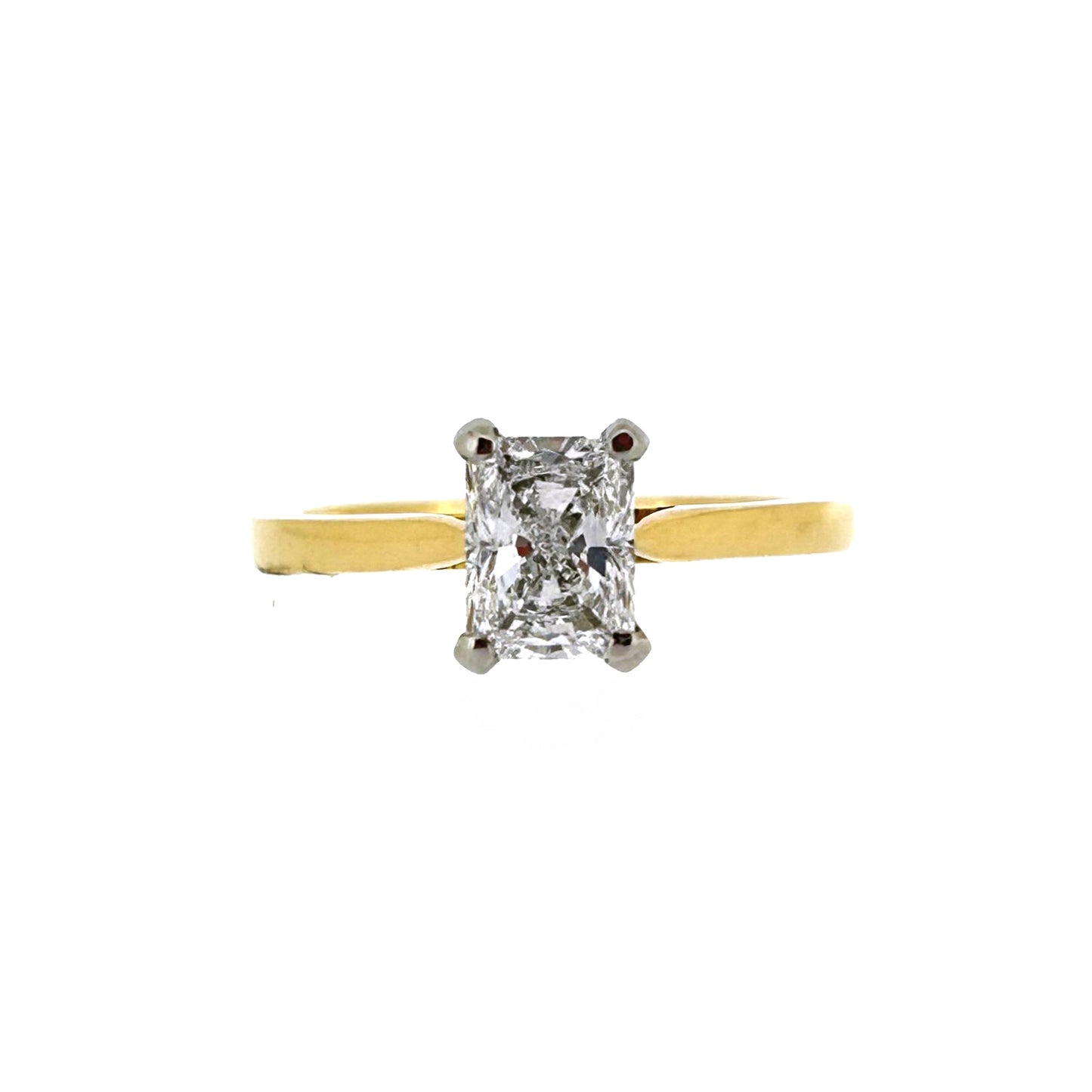18ct Yellow Gold & Platinum Solitaire 4 Claw Set 1.00ct Single Stone Radiant Cut Diamond Ring