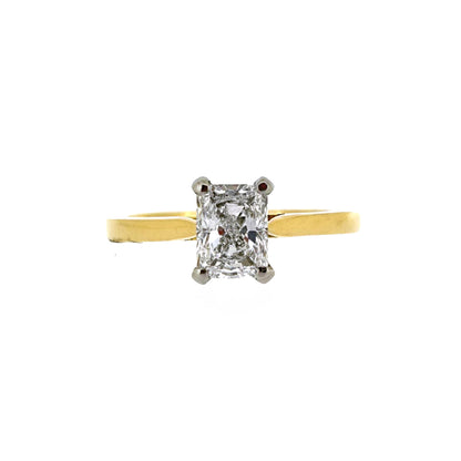 18ct Yellow Gold & Platinum Solitaire 4 Claw Set 1.00ct Single Stone Radiant Cut Diamond Ring