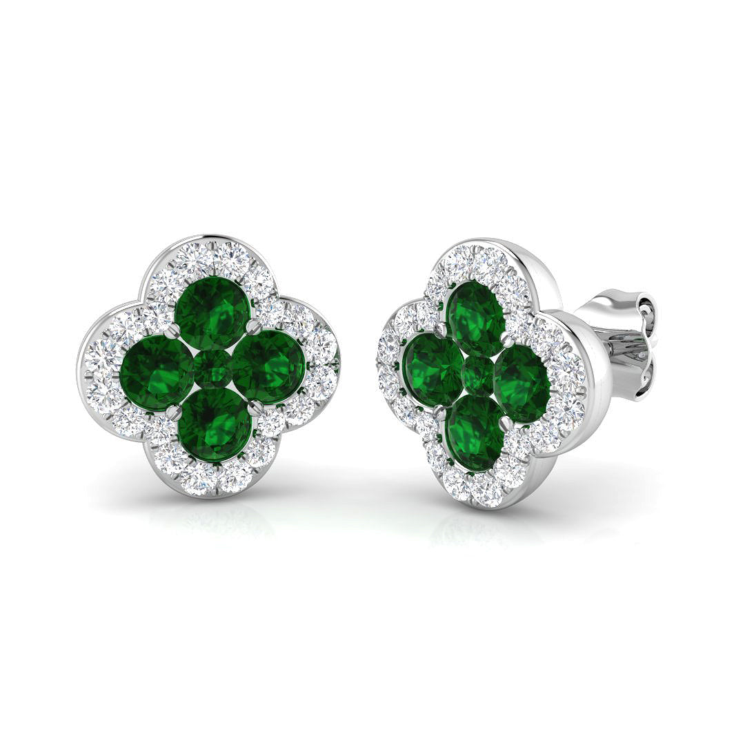 18ct White Gold Emerald & Diamond Set Quatrefoil Cluster Stud Earrings