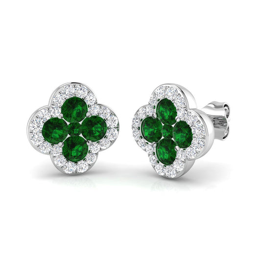 18ct White Gold Emerald & Diamond Set Quatrefoil Cluster Stud Earrings