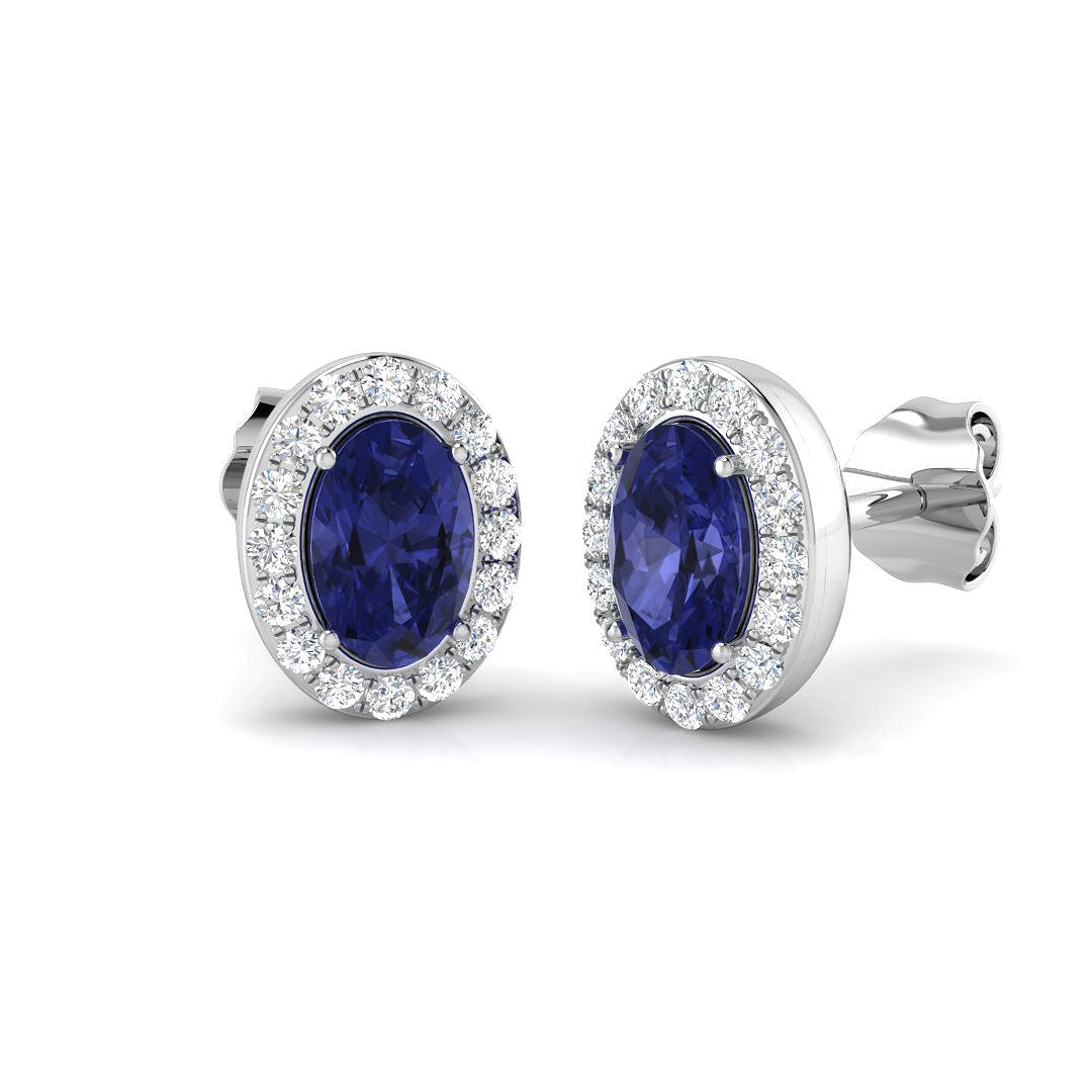 9ct White Gold Oval Tanzanite & Diamond Set Cluster Stud Earrings