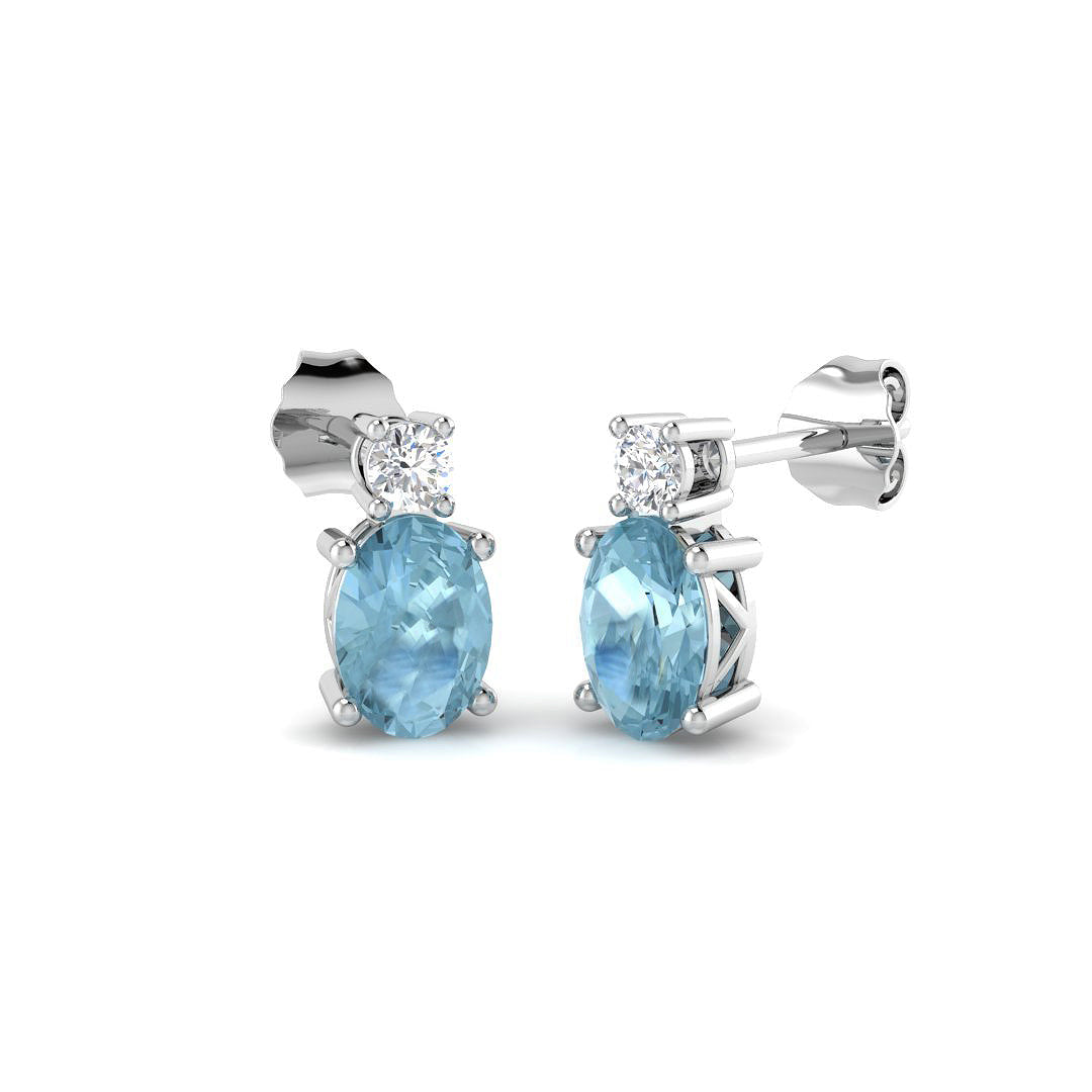 9ct White Gold Oval Aquamarine & Diamond Set Stud Earrings