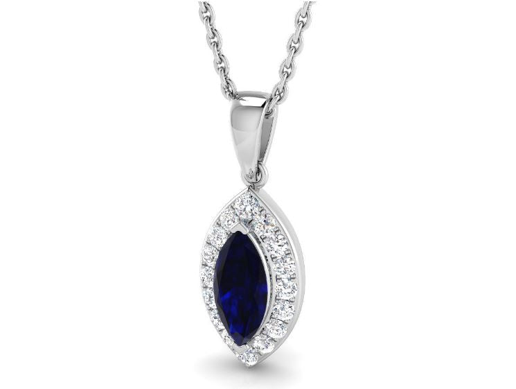 18ct White Gold Marquise Cut Sapphire & Diamond Set Cluster Pendant Necklace