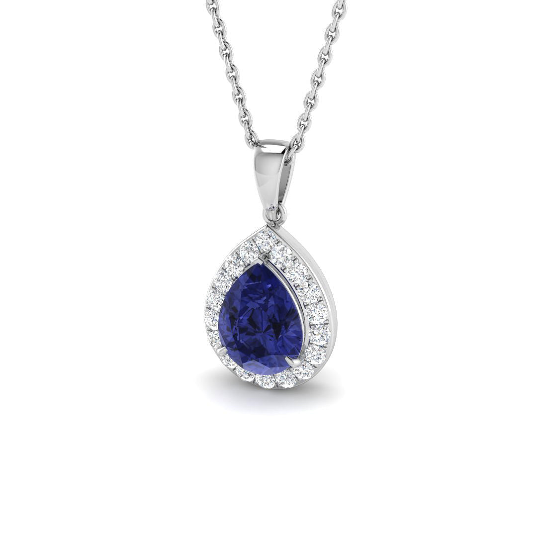 9ct White Gold Pear Shaped Tanzanite & Diamond Set Cluster Pendant Necklace