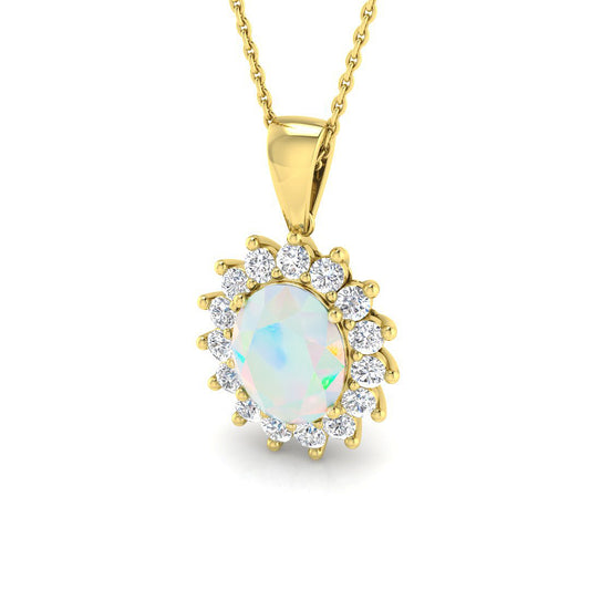 9ct Gold Opal & Diamond Set Cluster Pendant Necklace