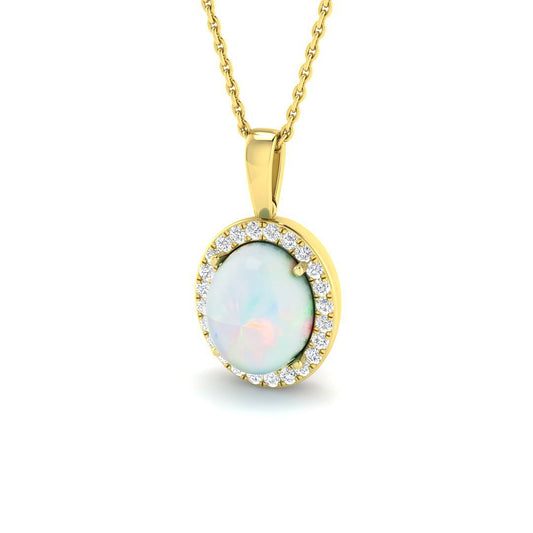 9ct Gold Opal & Diamond Set Halo Cluster Pendant Necklace