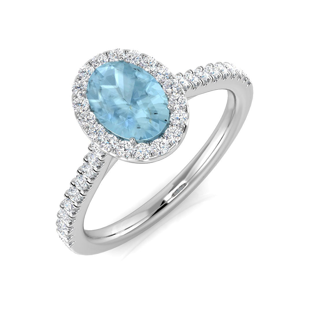 9ct White Gold Oval Aquamarine & Diamond Set Cluster Ring