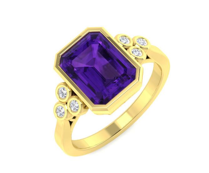 9ct Gold Rubover Set Amethyst & Diamond Set Ring