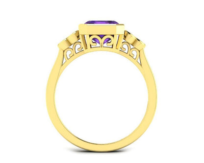 9ct Gold Rubover Set Amethyst & Diamond Set Ring
