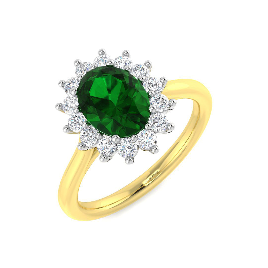18ct Gold Oval Emerald & Diamond Set Cluster Ring