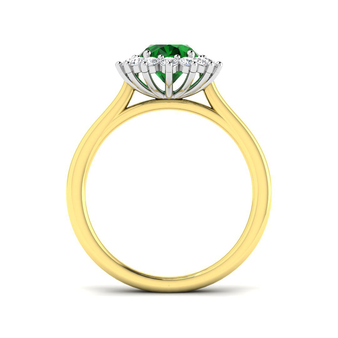 18ct Gold Oval Emerald & Diamond Set Cluster Ring