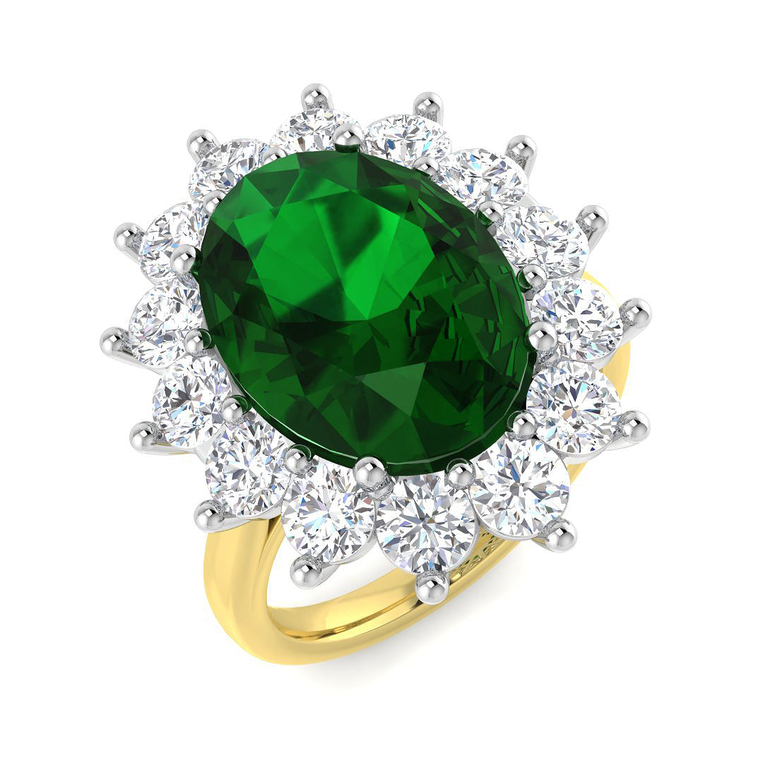 9ct Gold Oval Emerald & Diamond Set Cluster Ring