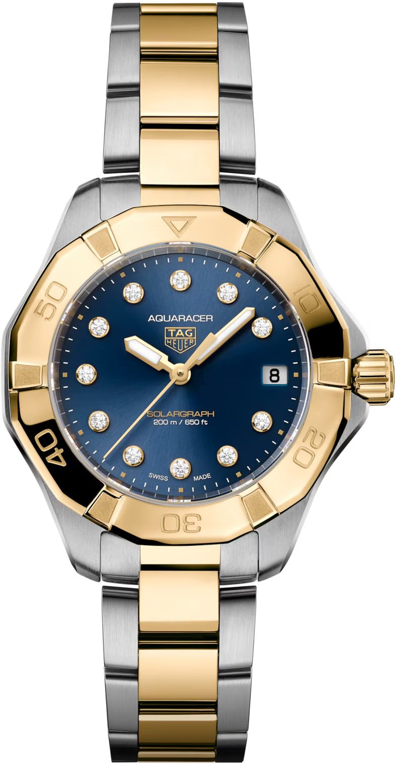 TAG Heuer Aquaracer Professional 200 Solargraph Two Tone Blue Diamond Set Dial Womens Quartz 34mm Watch WBP1323.BB0004