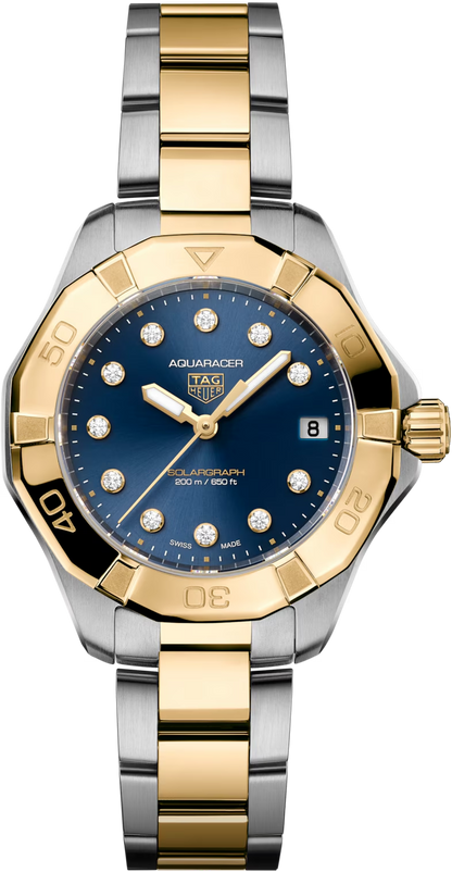 TAG Heuer Aquaracer Professional 200 Solargraph Two Tone Blue Diamond Set Dial Womens Quartz 34mm Watch WBP1323.BB0004