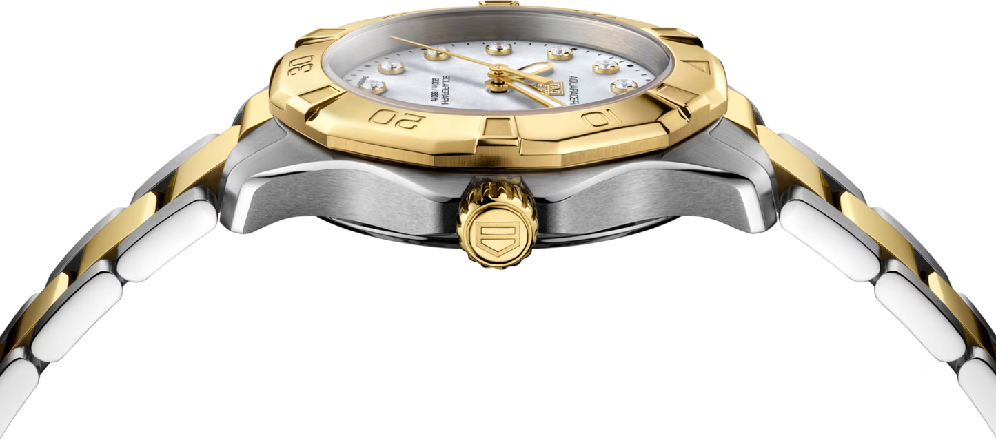TAG Heuer Aquaracer Professional 200 Solargraph Two Tone Mother of Pearl Diamond Set Dial Womens Quartz 34mm Watch WBP1326.BB0004